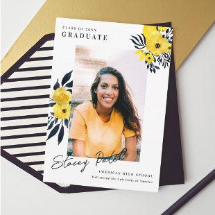 Yellow and Black Watercolor Floral Graduation Invitation