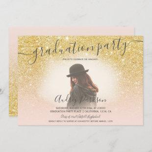 Yellow gold glitter blush pink photo graduation invitation