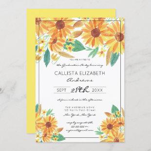 Yellow Summer Sunflower Watercolor Graduation Invitation