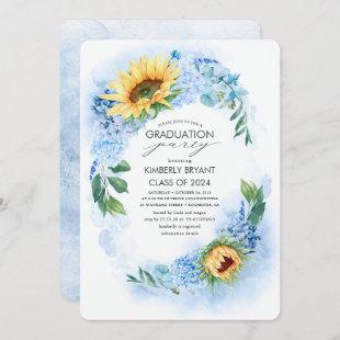 Yellow Sunflower and Blue Hydrangea Graduation Invitation