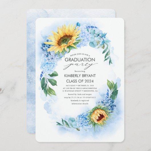 Yellow Sunflower and Blue Hydrangea Graduation Invitation