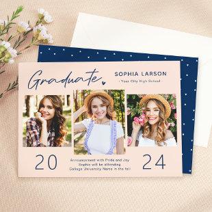 Youthful Navy Blush 3 Photo Collage Graduation Announcement