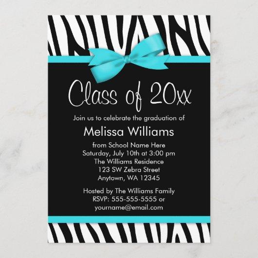 Zebra Teal Blue Printed Bow Graduation Party Invitation